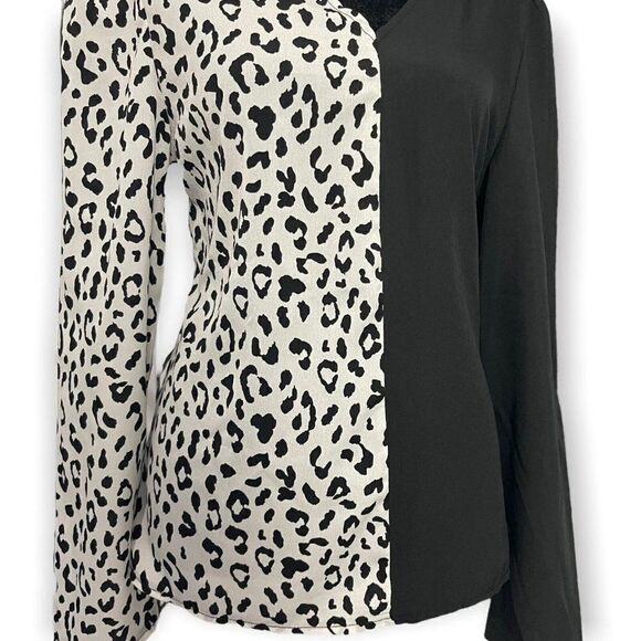 Shein Black White Animal Print Colorblock Blouse US SIZE 6 Casual Long Sleeve - Picture 6 of 6